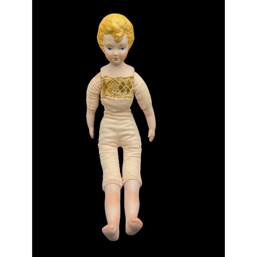 Vintage 1983 LaVerne Bisque Cloth Body Doll With Yellow Hair & Embroidered Dress - Picture 1 of 8